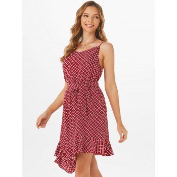 

Plaid Draped Asymmetrical Flounce Cami Dress, Red