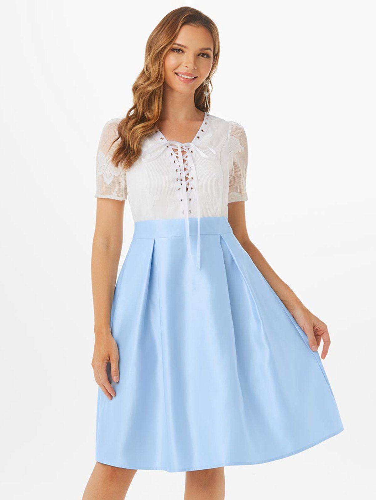 Lace Up Silky Lace Overlay Party Dress - LIGHT BLUE 2XL