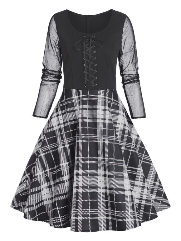 Plaid Print Fit And Flare Dress Lace Up Mesh Long Sleeve Mini Dress Back Zipper Casual Dress - BLACK 2XL