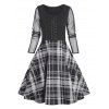 Plaid Print Fit And Flare Dress Lace Up Mesh Long Sleeve Mini Dress Back Zipper Casual Dress - BLACK 2XL