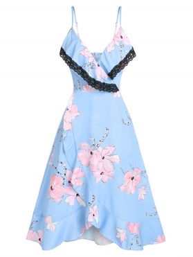 Flounce Flower Print Lace Trim Surplice Cami Dress