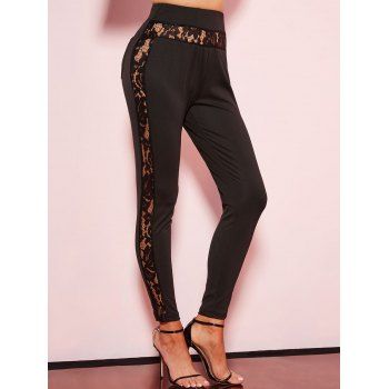 

Floral Lace Panel Sheer Pocket High Waisted Pants, Black