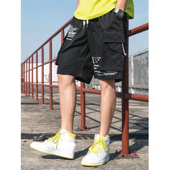 

Letter Print Casual Drawstring Cargo Shorts, Black