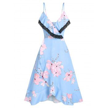 

Flounce Flower Print Lace Trim Surplice Cami Dress, Light blue