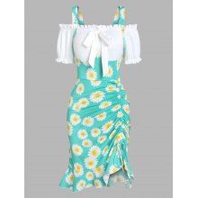 dresslily Daisy Print Cinched Cold Shoulder Dress