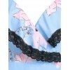 Flounce Flower Print Lace Trim Surplice Cami Dress - LIGHT BLUE XL