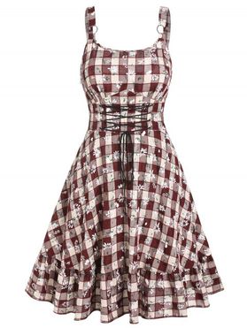 Plaid Daisy Floral Lace Up O Ring Flounce Dress