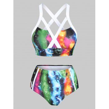 

Galaxy Tummy Control Tankini Swimsuit Caged High Rise Print Swimwear Set, Multicolor