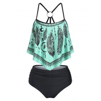 

Vintage Tummy Control Swimsuit Feather O Ring Flounce Tankini Swimwear, Light green