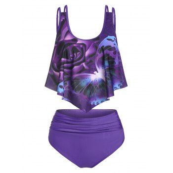 

Modest Tankini Swimwear Tummy Control Swimsuit Rose Butterfly Print Flounce Ruched Gothic Bathing Suit, Purple