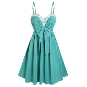 

Bowknot Cinched Lace A Line Dress, Green