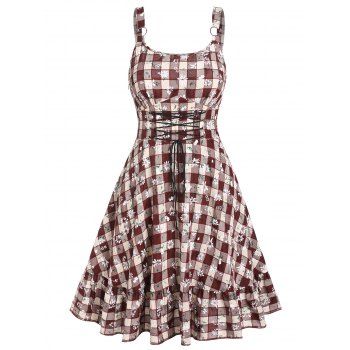 

Plaid Daisy Floral Print A Line Dress Lace Up High Waist Dress O Ring Straps Flounce Dress, Deep red