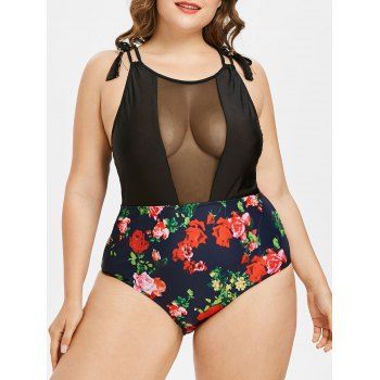 

Plus Size Floral Print Sheer Mesh Panel Tassels One-piece Swimwear, Red