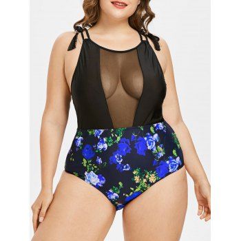 

Plus Size Floral Print Sheer Mesh Panel Tassels One-piece Swimwear, Blue