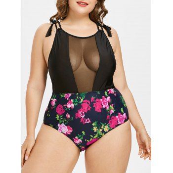 

Plus Size Floral Print Sheer Mesh Panel Tassels One-piece Swimwear, Deep red