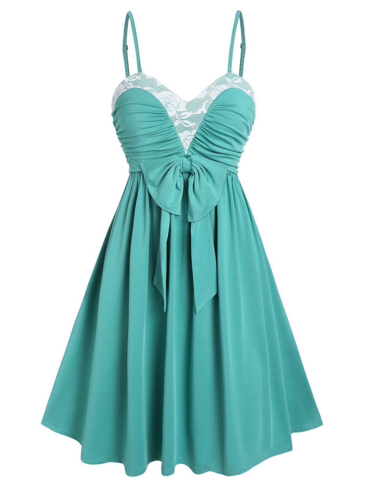 Bowknot Cinched Lace A Line Dress - GREEN XXXL