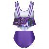 Modest Tankini Swimwear Tummy Control Swimsuit Rose Butterfly Print Flounce Ruched Gothic Bathing Suit - PURPLE L