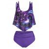 Gothic Rose Butterfly Tummy Control Swimsuit Flounce Ruched Modest Tankini Swimwear - PURPLE XXXL