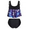 Tummy Control Tankini Swimsuit Galaxy Moon Star Print Flounce Ruched Beach Swimwear - DEEP BLUE L
