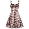 Plaid Daisy Floral Lace Up O Ring Flounce Dress - DEEP RED XXL