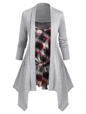 Hanky Hem Cardigan and Plaid Print Knotted Cami Top