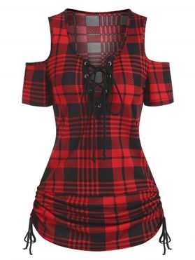 Lace Up Plaid Cold Shoulder Cinched Tee