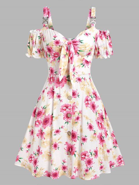 Flower Print Cottagecore Mini Dress Cold Shoulder Puffer Sleeve A Line Dress Mock Button Bowknot Keyhole Garden Party Dress