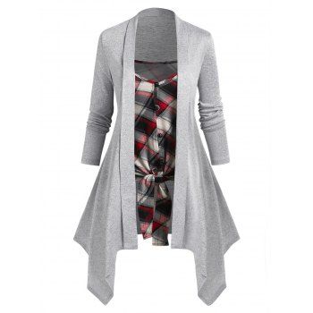 

Hanky Hem Cardigan and Plaid Print Knotted Cami Top, Gray