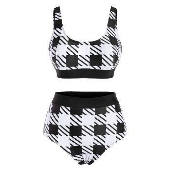 

Plaid Striped Lace Up Cropped Tankini Swimwear, Black