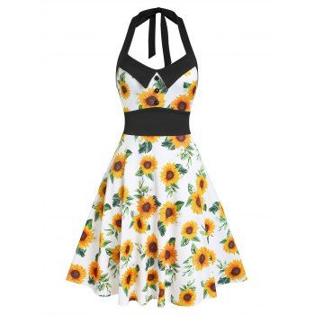 

Sunflower Print Halter Backless Fit and Flare Dress, White