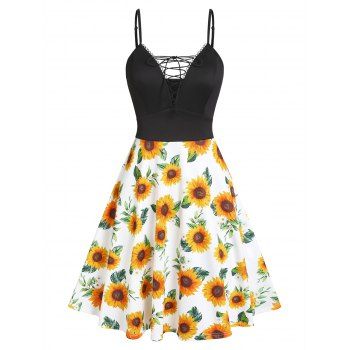 

Sunflower Print Lace Up Picot Trim Cami Dress, Multicolor