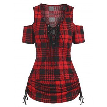 

Lace Up Plaid Cold Shoulder Cinched Tee, Deep red