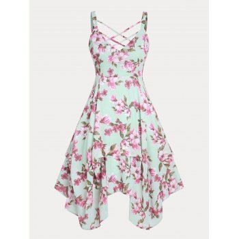

Plus Size Floral Print Crisscross Midi Handkerchief Dress, Light green