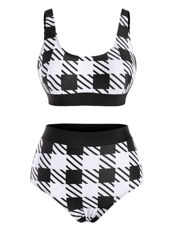 Maillot de Bain Tankini Court Rayé à Carreaux à Lacets - Noir S