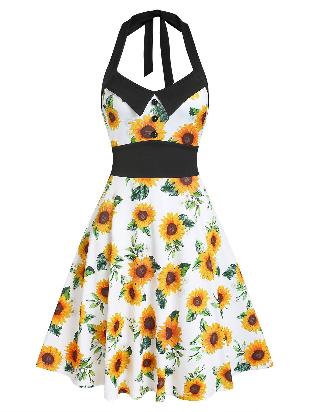 Sunflower Print Halter Backless Fit and Flare Dress - WHITE XXXL