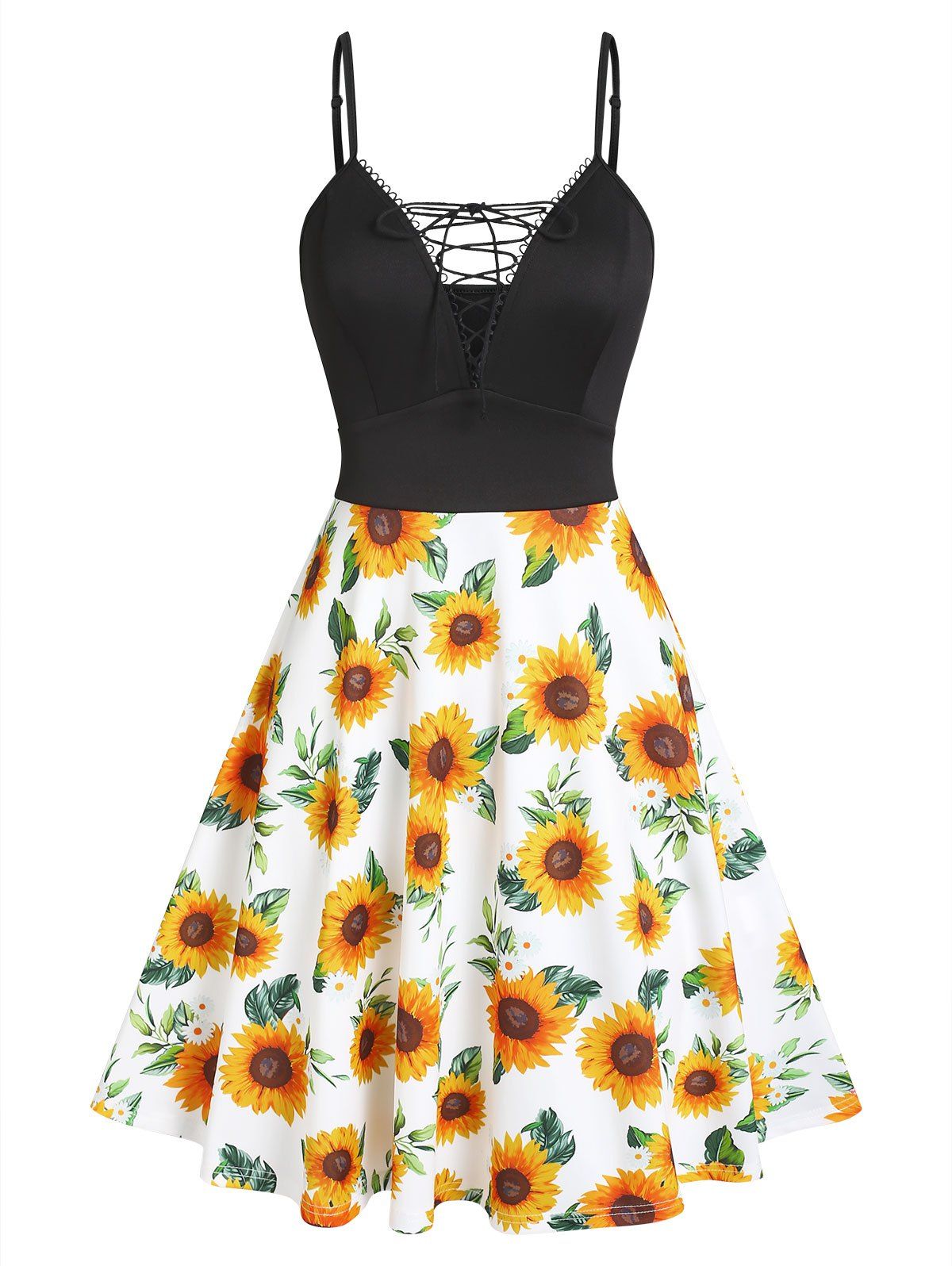 Sunflower Print Lace Up Picot Trim Cami Dress - multicolor M