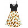 Sunflower Print Lace Up Picot Trim Cami Dress - multicolor M
