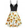 Sunflower Print Lace Up Picot Trim Cami Dress - multicolor XL