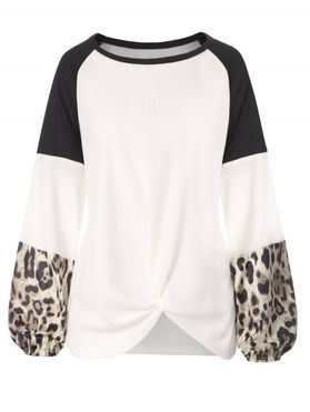 Leopard Colorblock Raglan Sleeve Knitted Twisted T Shirt