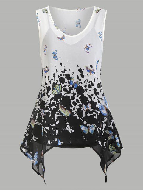 Sheer Butterfly Print Tank Top And Cami Top Set