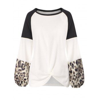 Leopard Colorblock Raglan Sleeve Knitted Twisted T Shirt