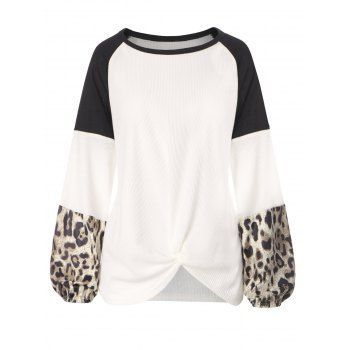 

Leopard Colorblock Raglan Sleeve Knitted Twisted T Shirt, White