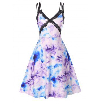 

Dreamy Tie Dye Print A Line Dress Dual Straps Lace Insert V Neck Cami Dress, Light purple