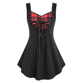 

Plaid Grommet Lace Up Round Hem Tank Top, Black