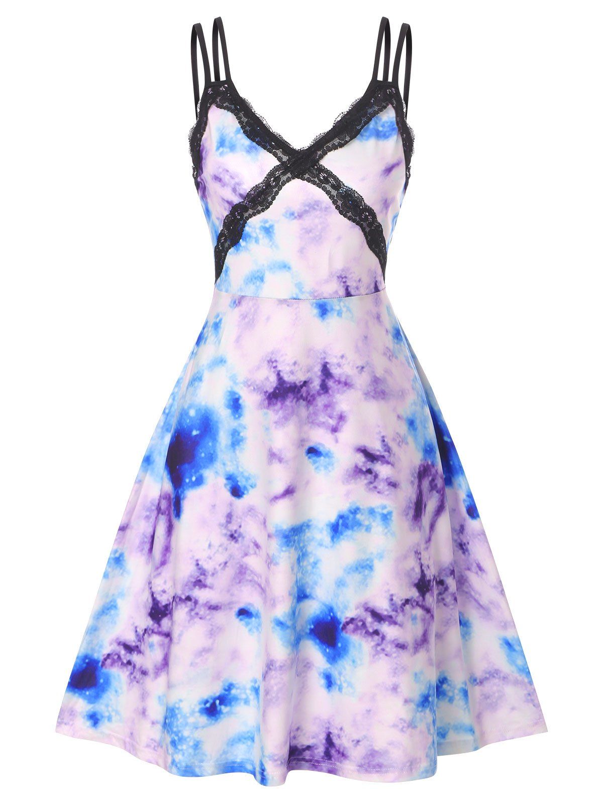 Dreamy Tie Dye Print A Line Dress Dual Straps Lace Insert V Neck Cami Dress - LIGHT PURPLE M