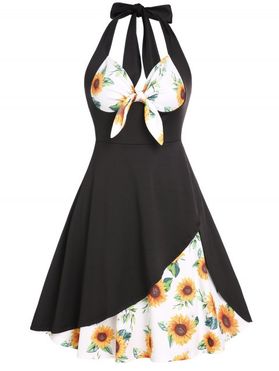 Vintage Sunflower Print Corset Style Knotted Halter Flare Retro Dress