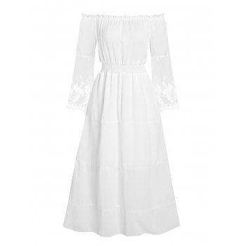 Embroidered Mesh Off The Shoulder Midi Dress, White