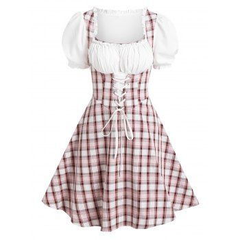 

Lace Up Puff Sleeve Plaid 2 in 1 Dress, Multicolor