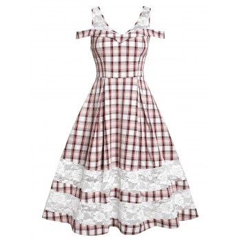 

Vintage Plaid Checked Cold Shoulder Cutout Lace Insert Midi A Line Dress, Multicolor