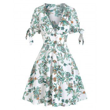 

Flower Print Plunging Neck Button Bowknot Dress, Light green